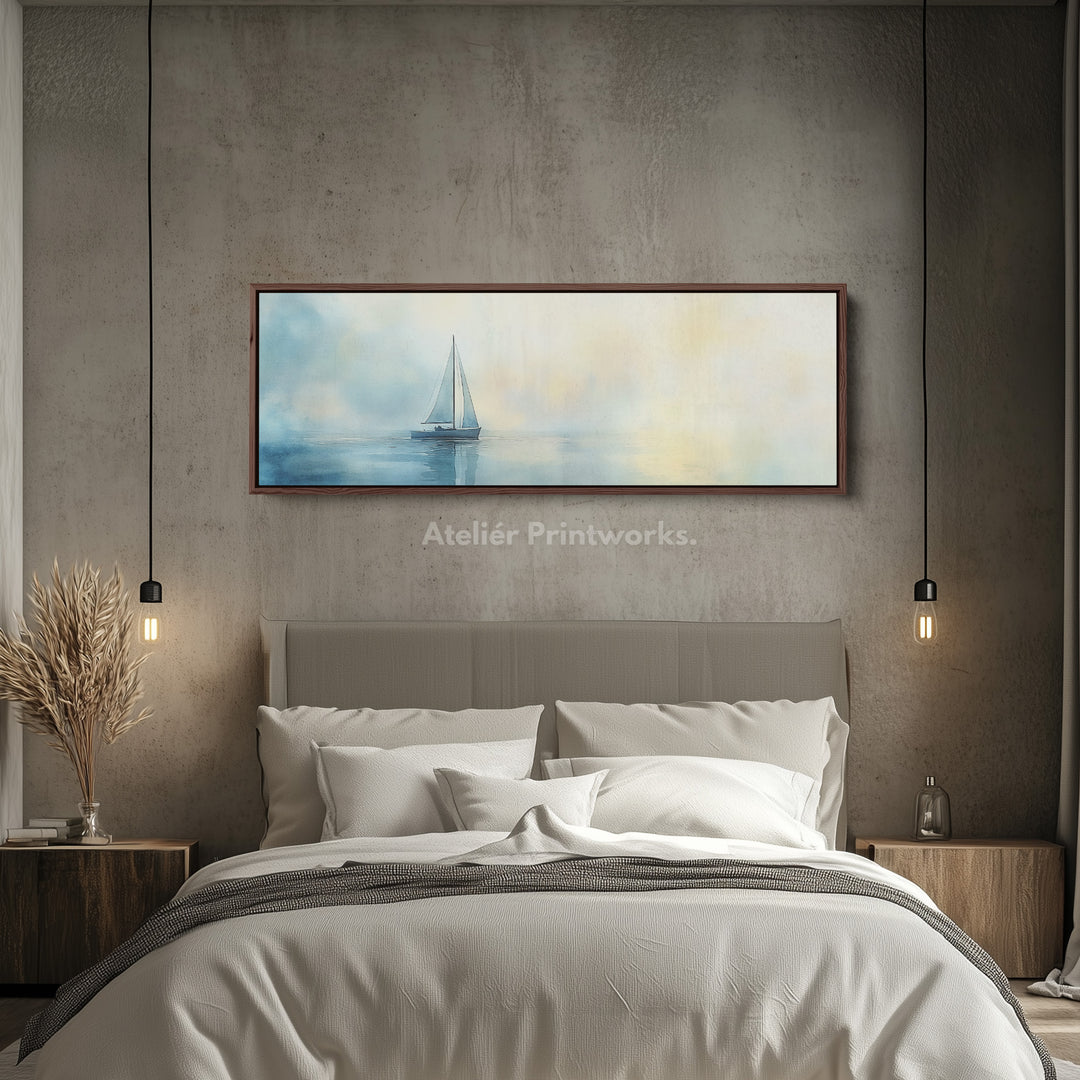 Kalmerende aquarel zeilboot grote ingelijste lange canvas horizontale wanddecoratie