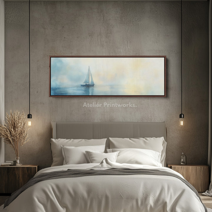 Kalmerende aquarel zeilboot grote ingelijste lange canvas horizontale wanddecoratie