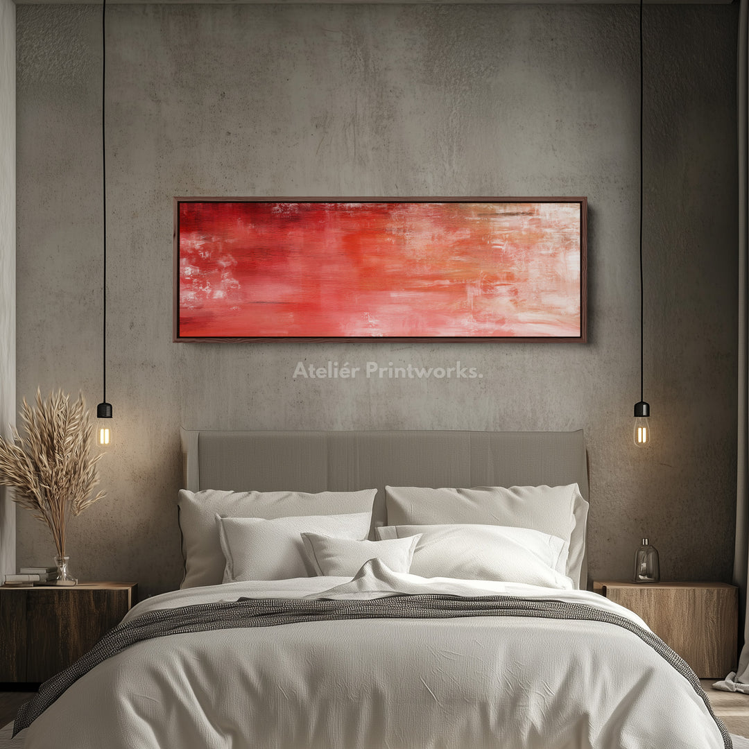 Abstracte rode lange horizontale wanddecoratie, panoramische wanddecoratie brede wanddecoratie