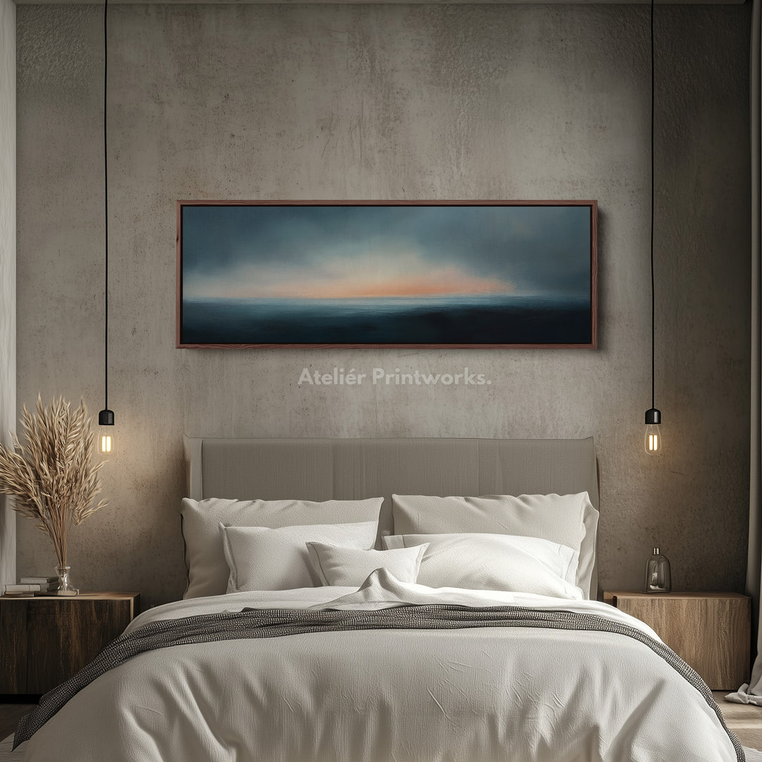 Abstracte zonsondergang boven bed lange smalle panoramische canvas wanddecoratie