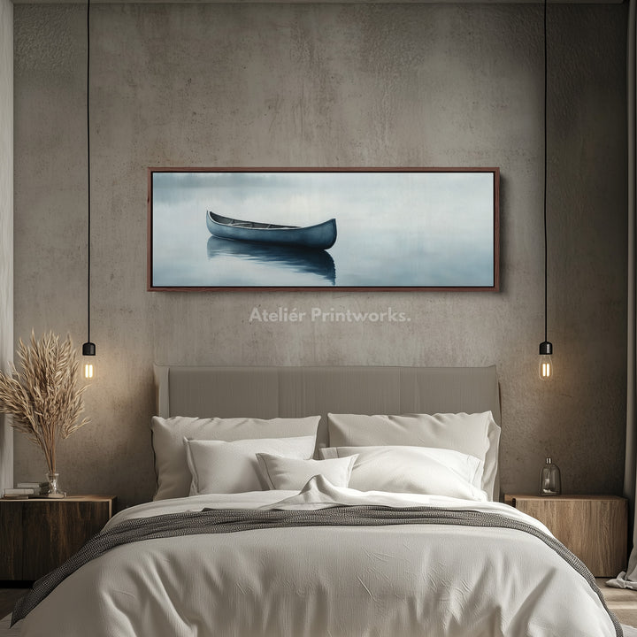 Misty Lake Kanoë Breed Gevoegd Boven Bed Muurkunst