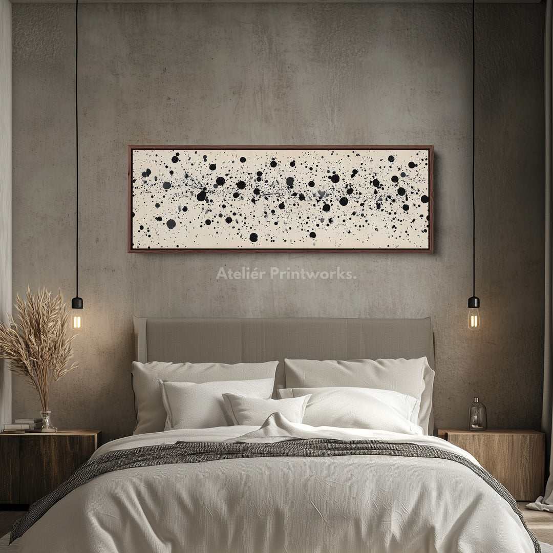 Zwarte Abstracte Stippen Panoramische Grote Ingelijste Wanddecoratie