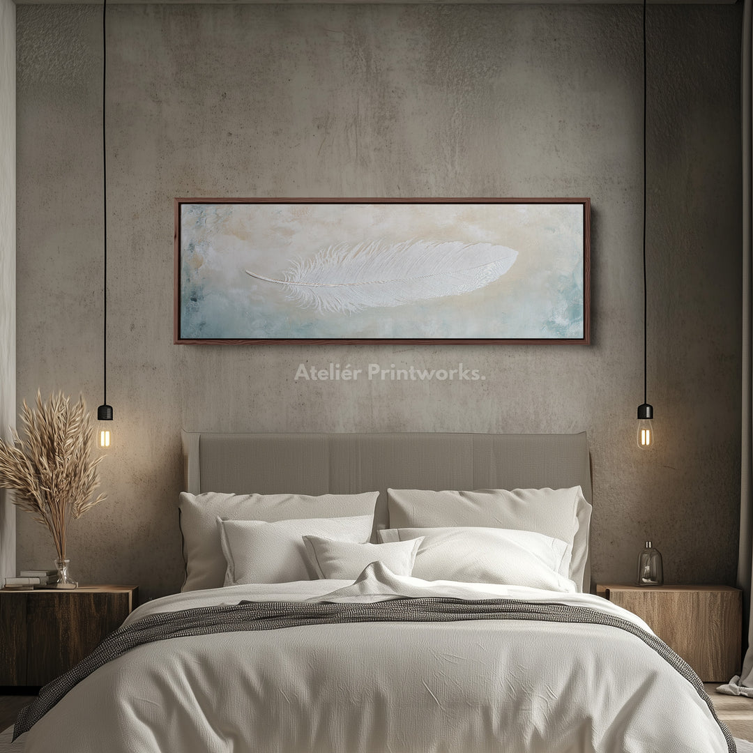 Witte Veer Boven Bed Ingelijste Canvas Muurkunst