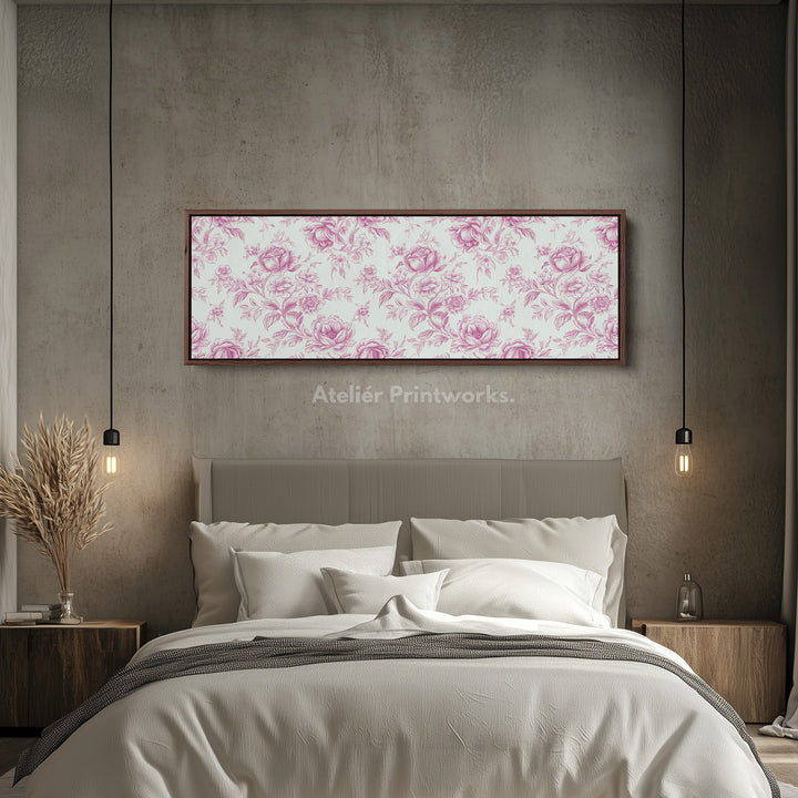 Above Bed Wall Decor Vintage Pink Floral framed wall art in a walnut frame, above the bed in a modern bedroom