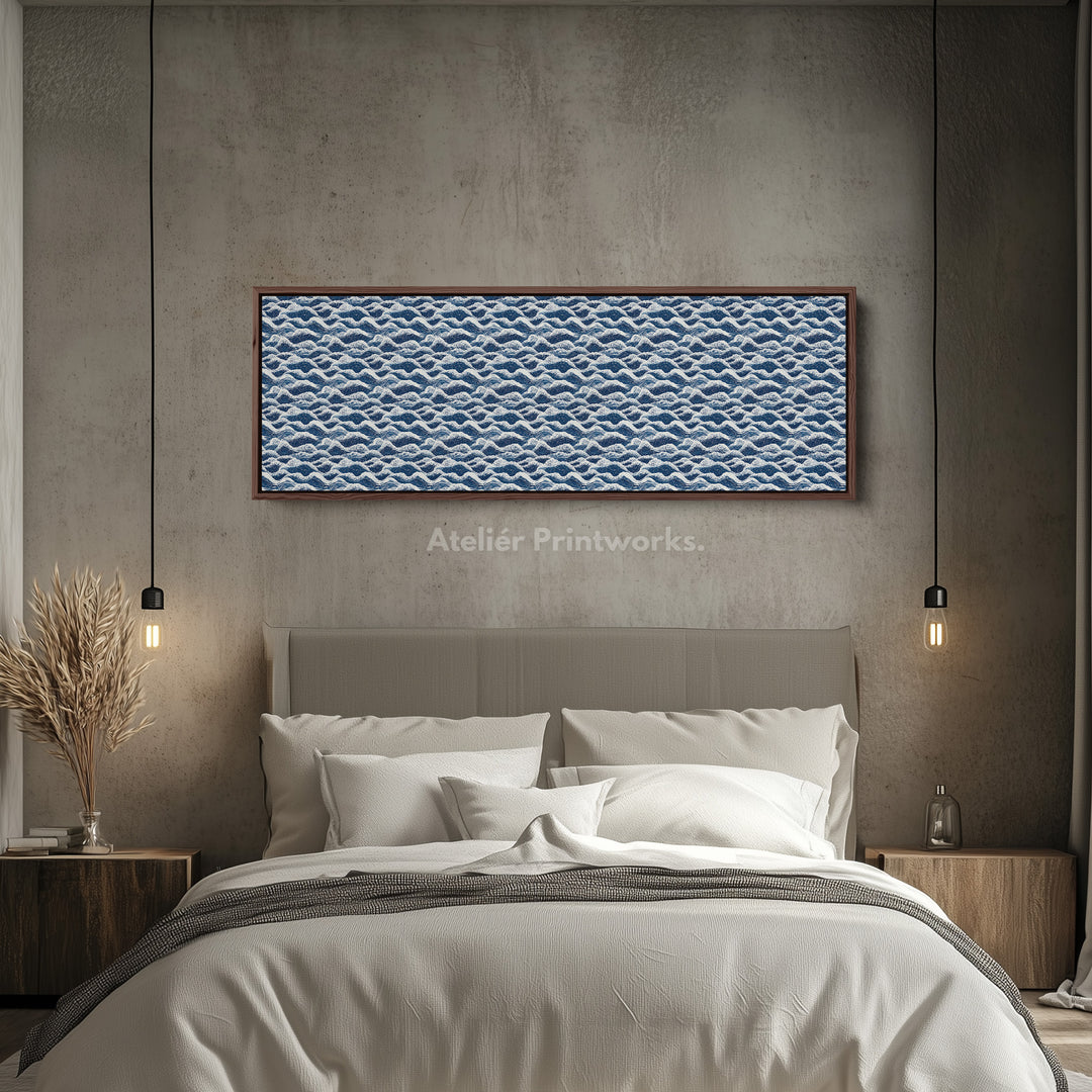 Horizontale wanddecoratie lange blauwe Japandi stijl golf