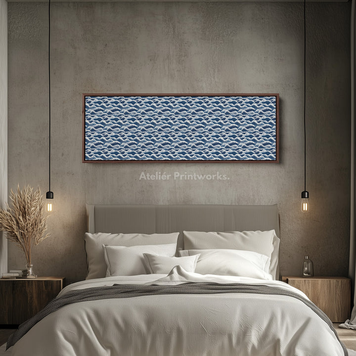 Horizontale wanddecoratie lange blauwe Japandi stijl golf