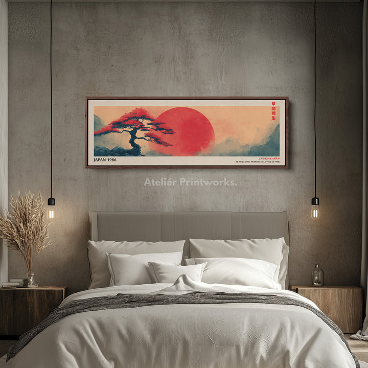 Red Sun and Bonsai – Long Narrow Japandi Wall Art Japanese Tree Landscape Canvas