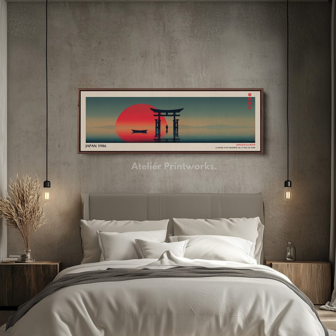Torii Gate at Sunset – Long Narrow Japanese Wall Art - Tranquil Red Sun Canvas Print
