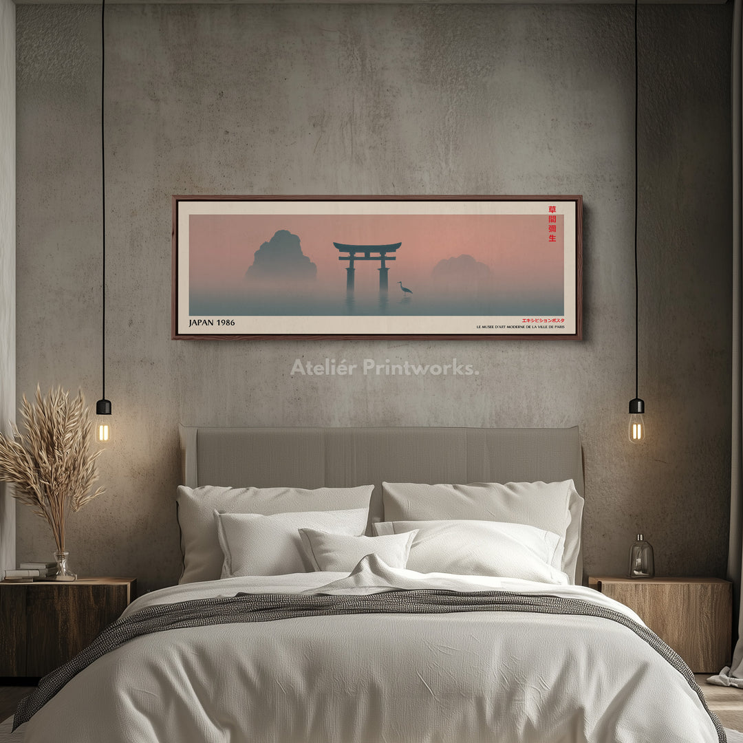 Torii Gate and Red Sun – Panoramic Japanese Wall Art - Long Narrow Tranquil Landscape Canvas