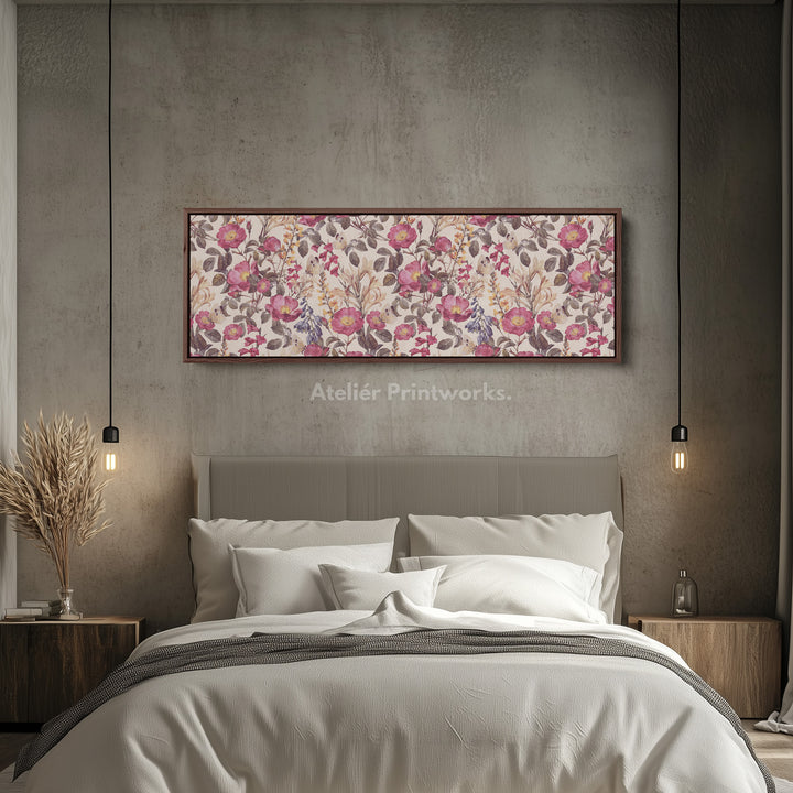 Horizontal wall art botanical floral repeat pattern with butterflies for living room or bedroom