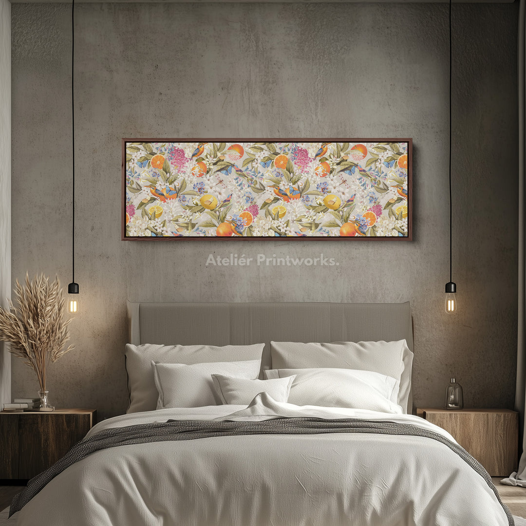 Wide wall art bright botanical with oranges butterflies and birds for living room or bedroom