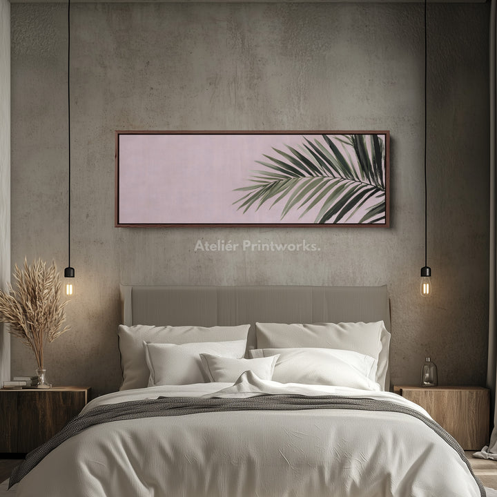 Panoramic wall art minimal palm leaf on soft pastel background for living room or bedroom