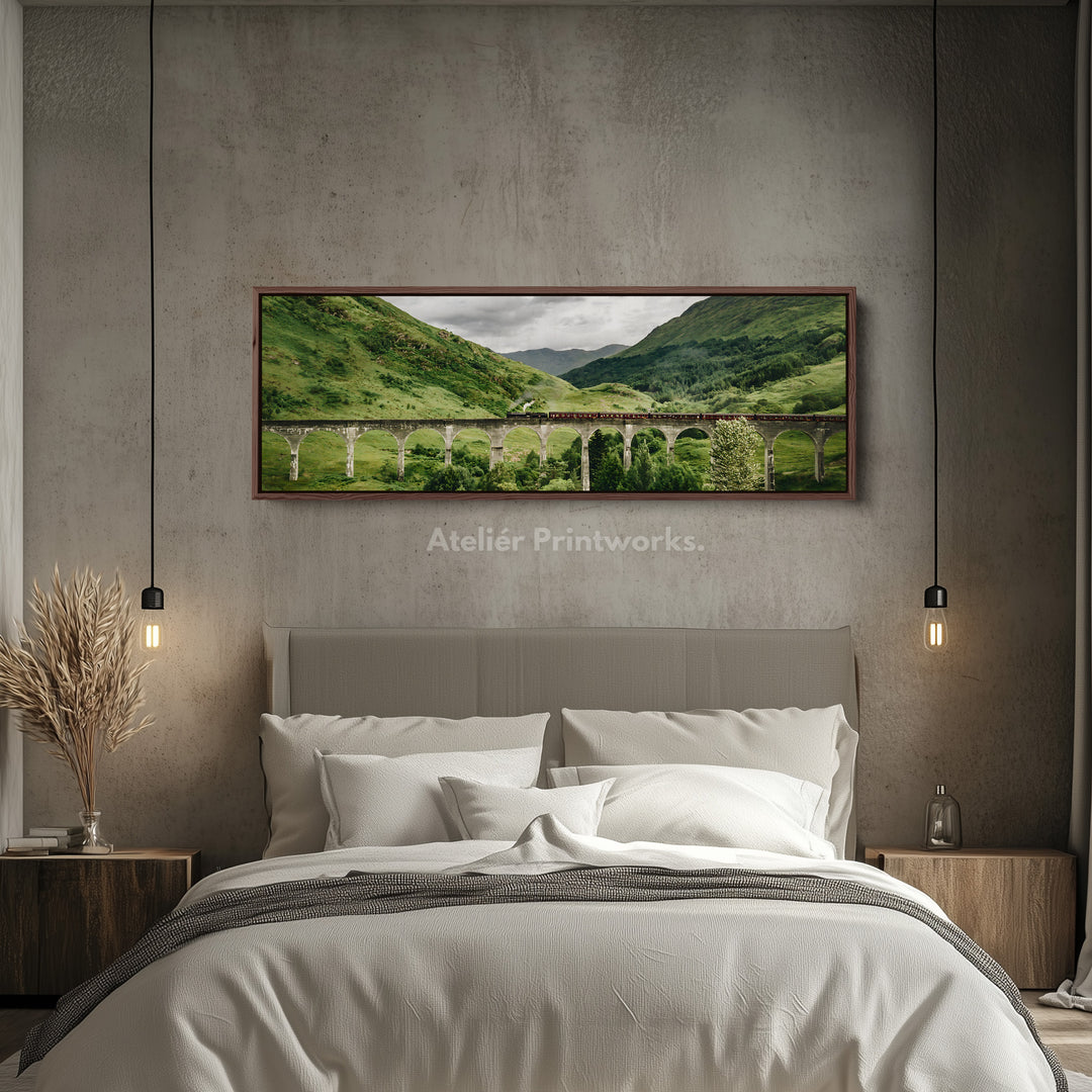 Long framed canvas train crossing glenfinnan viaduct in green highlands for living room or bedroom