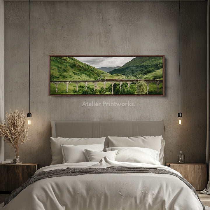 Long framed canvas train crossing glenfinnan viaduct in green highlands for living room or bedroom