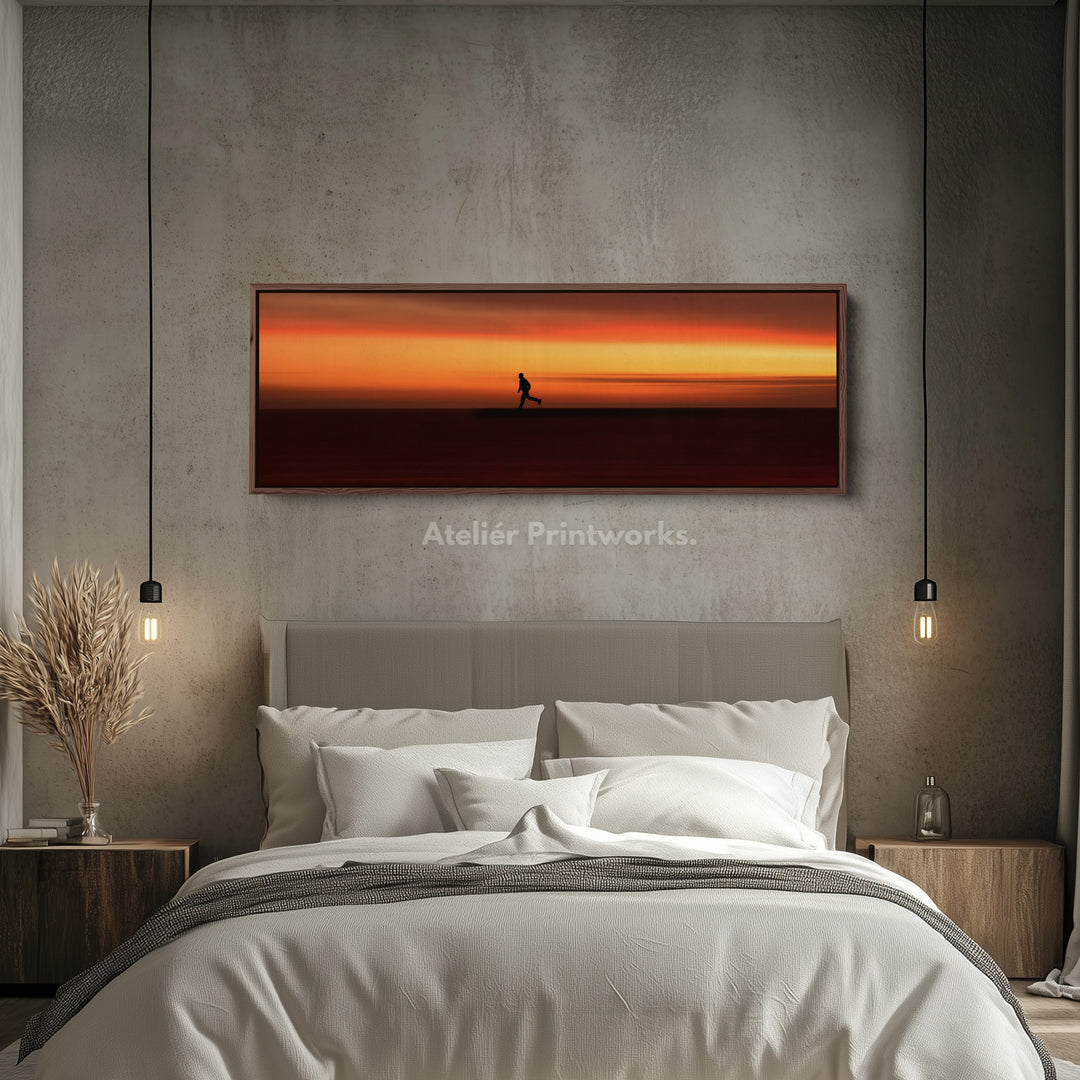 Horizontal wall art runner silhouette against intense sunset horizon for living room or bedroom