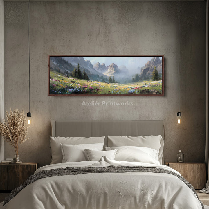 Long narrow canvas misty mountain meadow with wildflowers for living room or bedroom