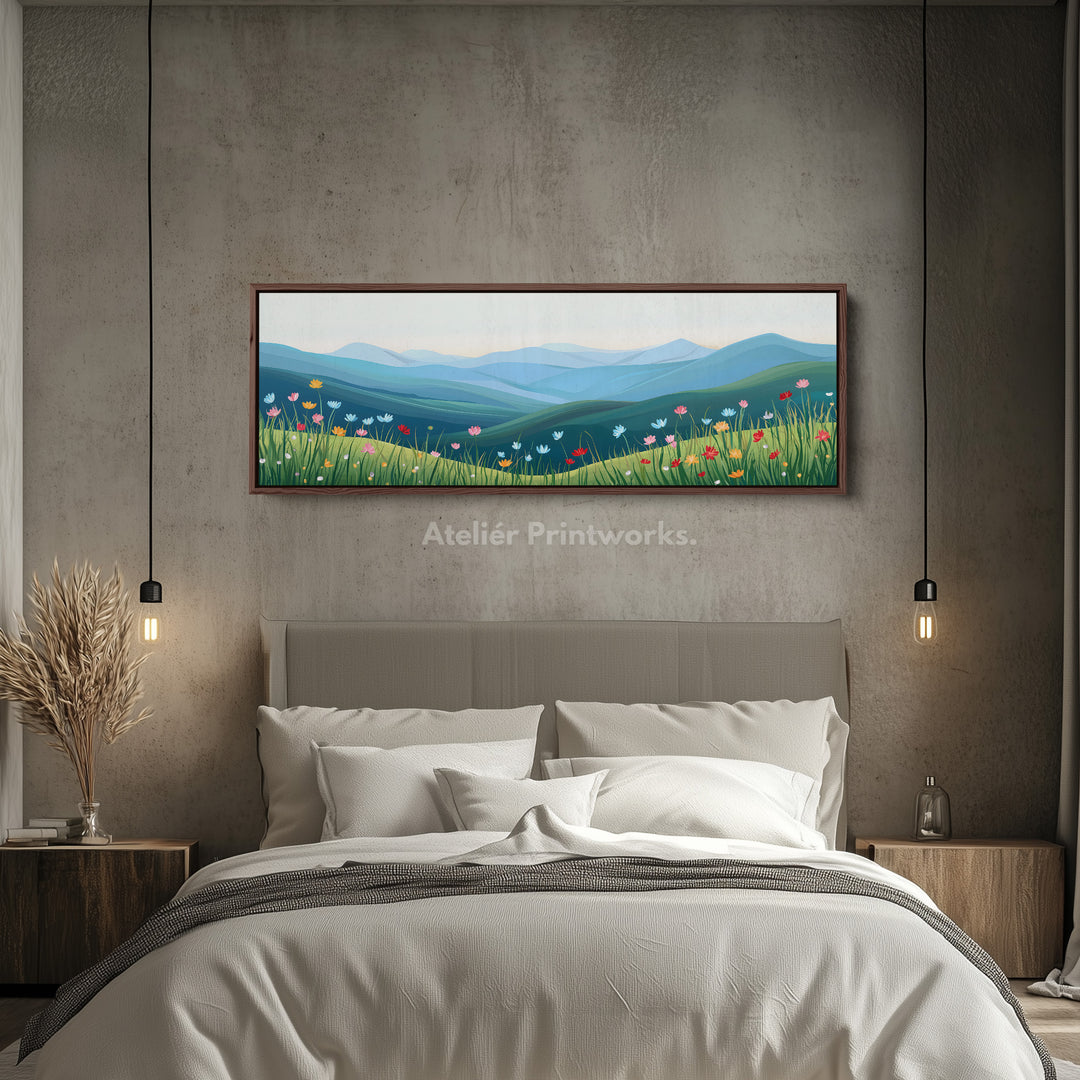 Horizontal Landscape Wall Art Green Blue Long Canvas Above Bed Scenic Nature Print