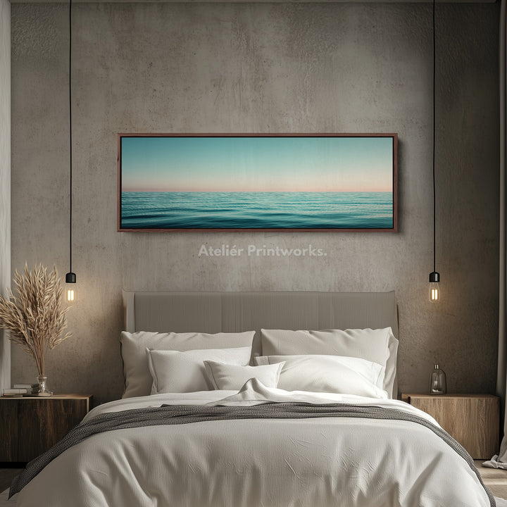 Wide Coastal Ocean Horizon Long Canvas Horizontal Wall Art Calm Blue Seascape