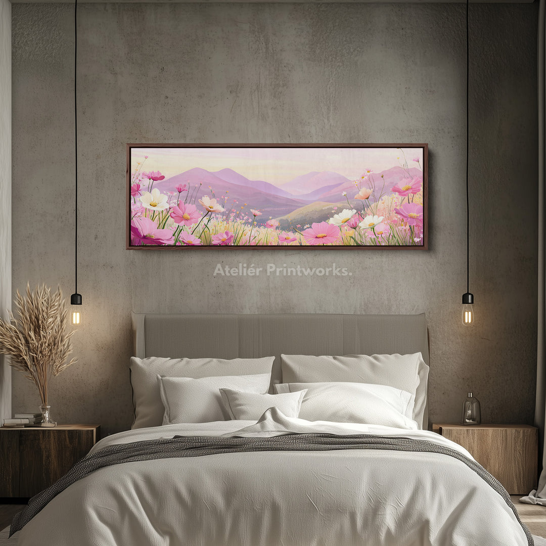 Horizontal Wall Art Pink Floral Meadow Long Canvas For Bedroom Or Living Room