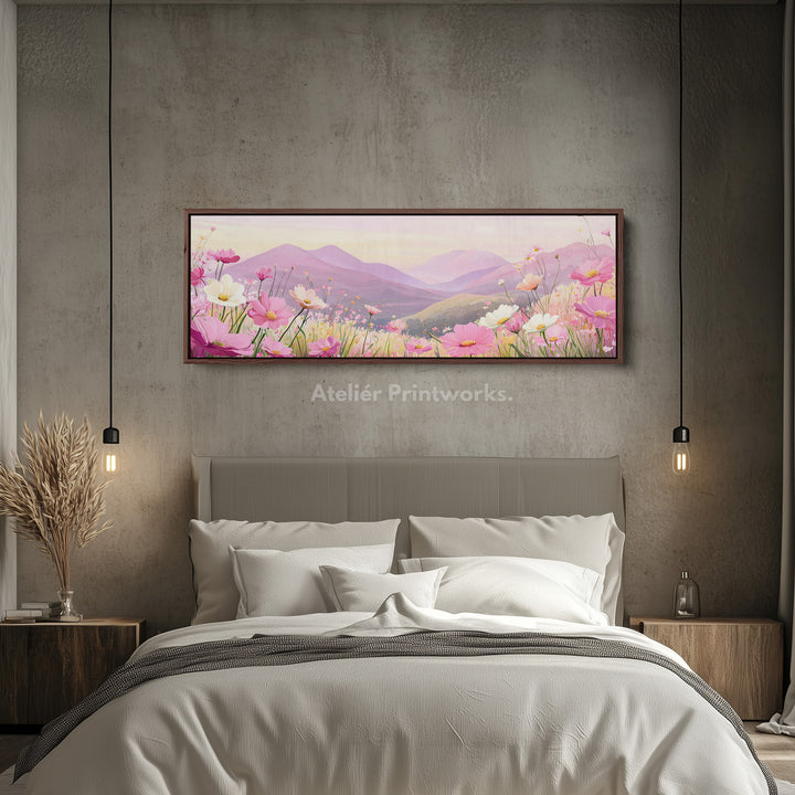Horizontal Wall Art Pink Floral Meadow Long Canvas For Bedroom Or Living Room