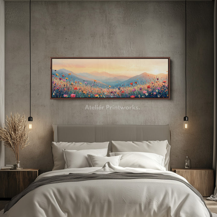 Wide Floral Horizon Long Canvas Above Bed Wall Art Pastel Meadow Landscape
