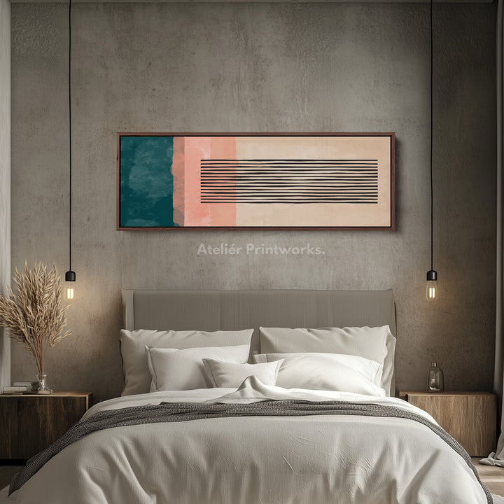 Panoramic Wall Art Teal Green And Coral Abstract Striped Design For Living Room