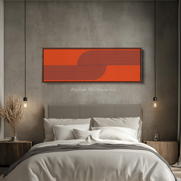 Panoramic Wall Art Orange And Navy Blue Mid Century Line Design For Living Room