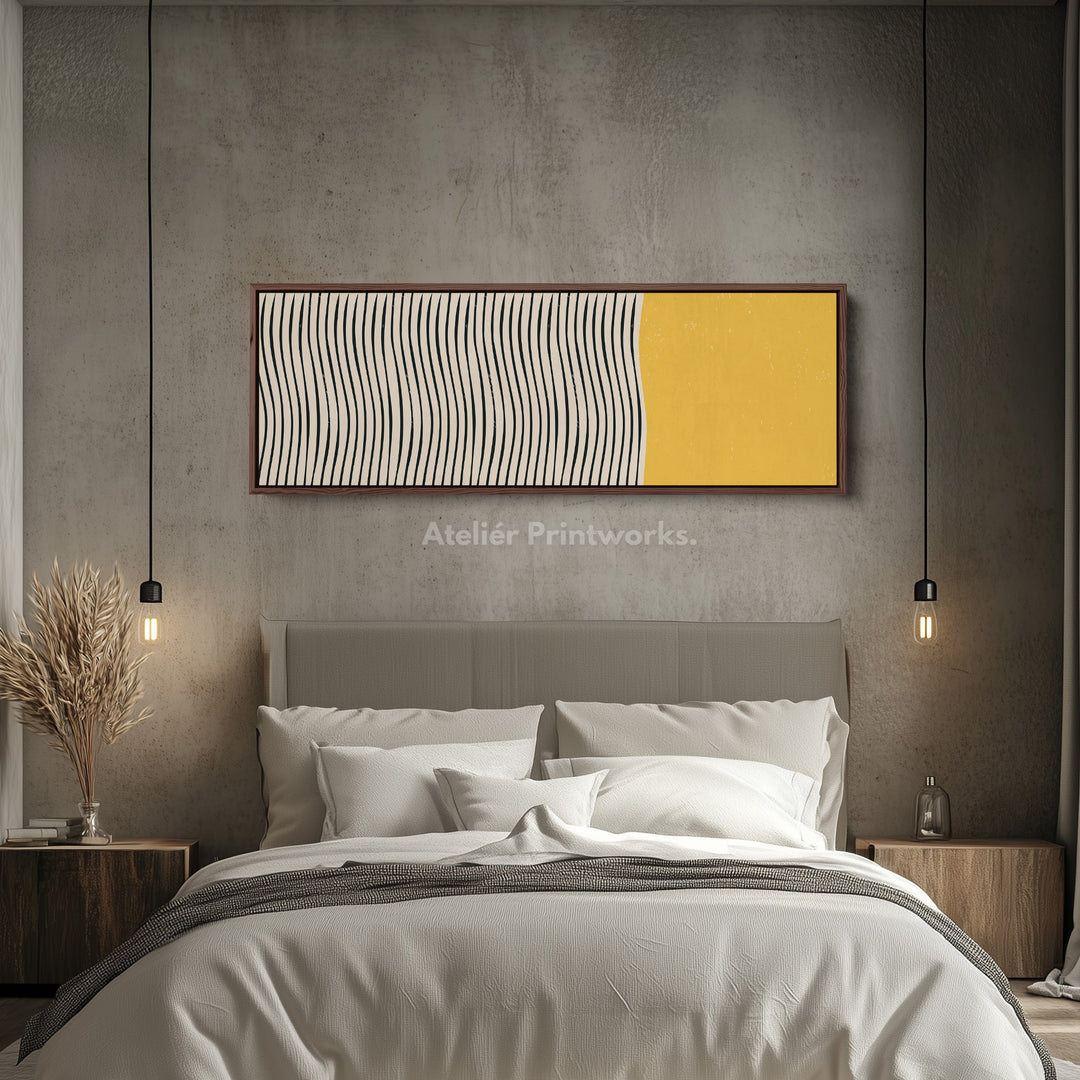 Long Framed Canvas Yellow And Black Wavy Line Wall Art For Bedroom