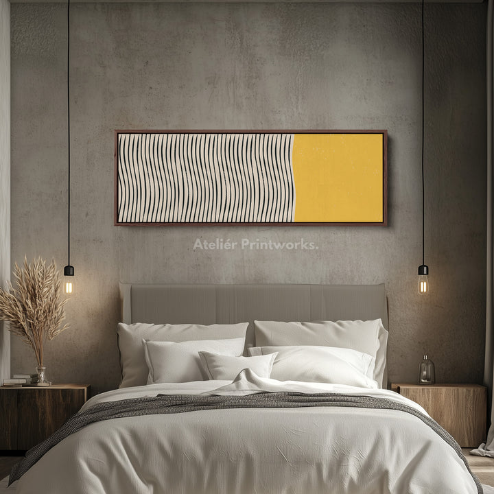 Long Framed Canvas Yellow And Black Wavy Line Wall Art For Bedroom