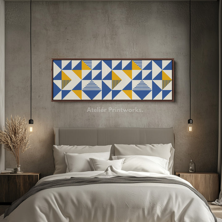 Long Framed Canvas Blue Yellow Beige Horizontal Geometric Wall Art