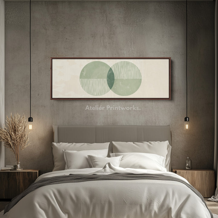 Panoramic Wall Art Dual Green Circles With Vertical Accents For Living Room