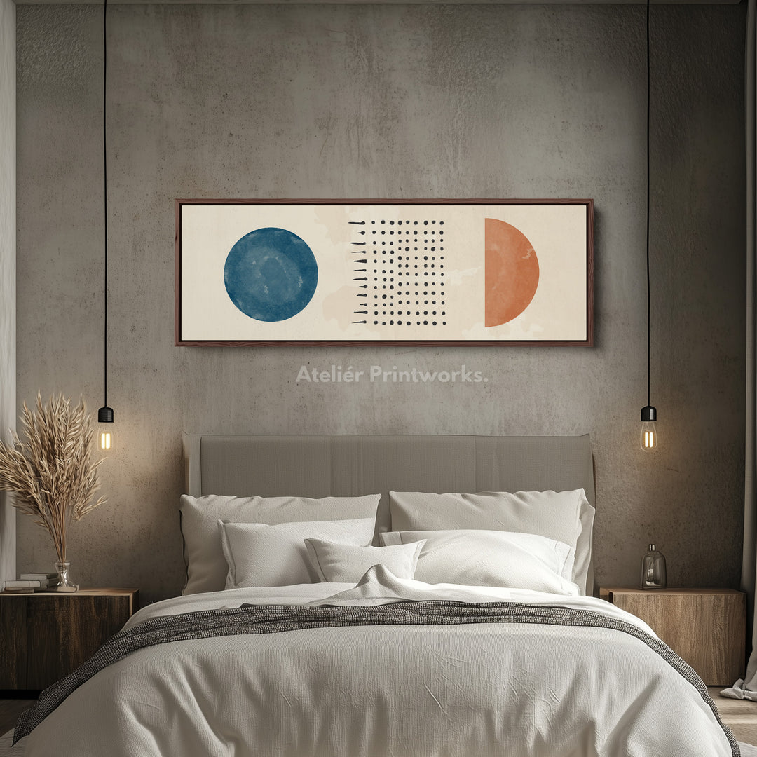 Long Narrow Canvas Blue And Orange Circles With Modern Dot Pattern