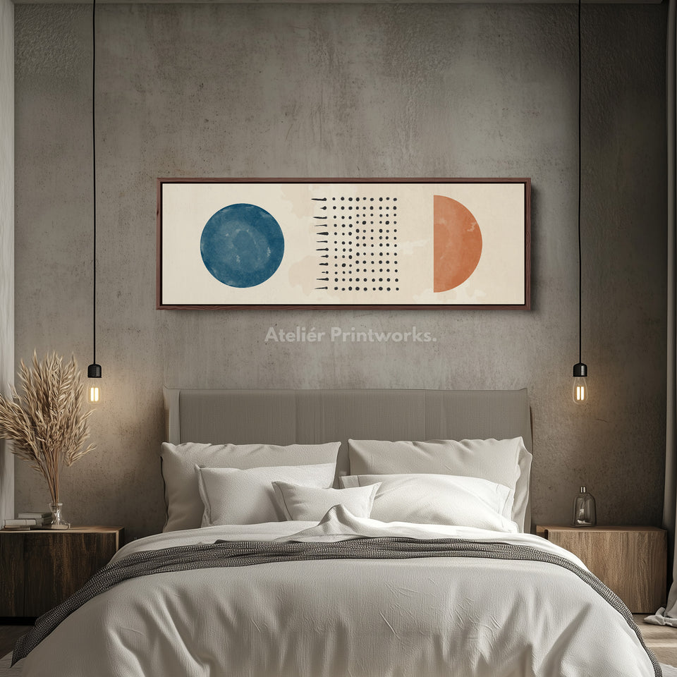 Long Narrow Canvas Blue And Orange Circles With Modern Dot Pattern