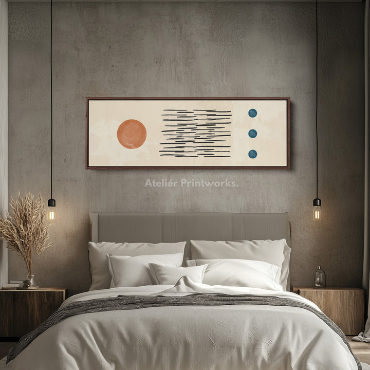 Wide Wall Art Orange And Blue Elements With Graphic Linework For Living Room