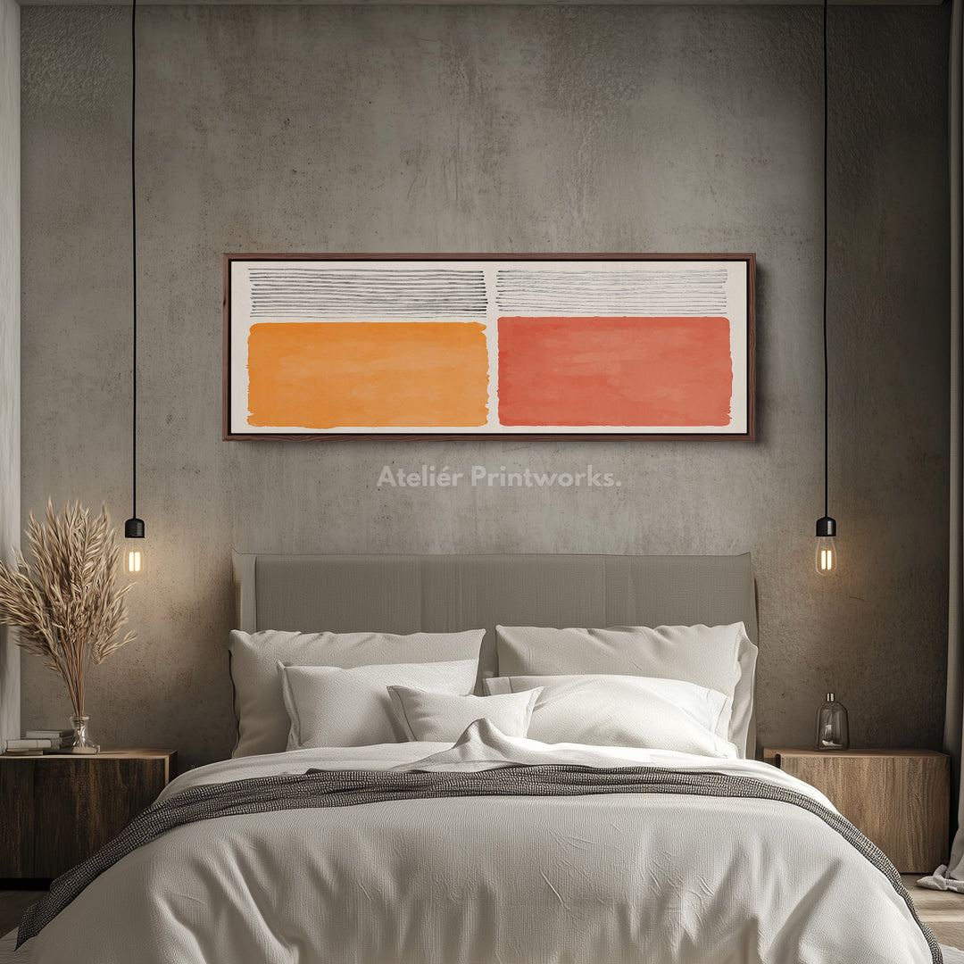 Wide Wall Art Orange And Beige Blocks With Grey Linework