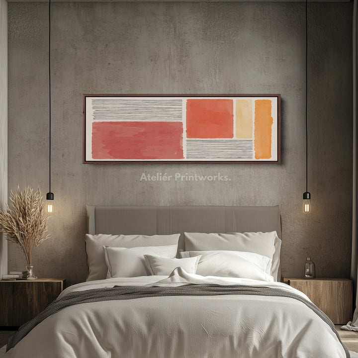 Panoramic Wall Art Warm Terracotta And Orange Blocks With Grey Lines