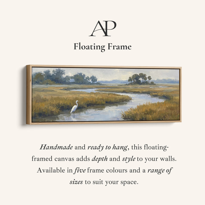 Corner detail of the Long Narrow Wall Art Egret in a Salt Marsh for Living Room canvas in a floating frame