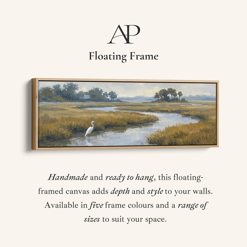 Corner detail of the Long Narrow Wall Art Egret in a Salt Marsh for Living Room canvas in a floating frame