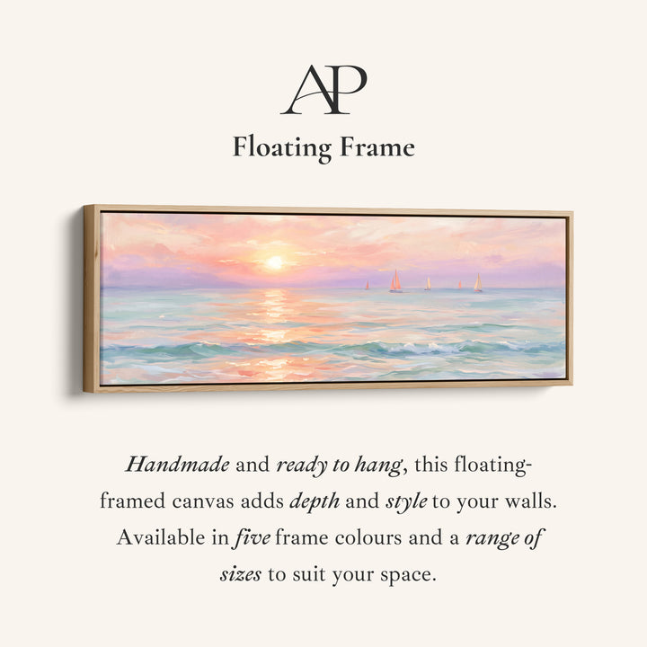 Corner detail of the Pastel Sunset Sailboats Horizontal Wall Art Large Canvas Above Bed canvas in a floating frame