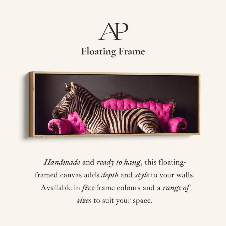 Corner detail of the Bold and Playful Zebra on a Pink Velvet Sofa Long Wall Art for Living Room canvas in a floating frame