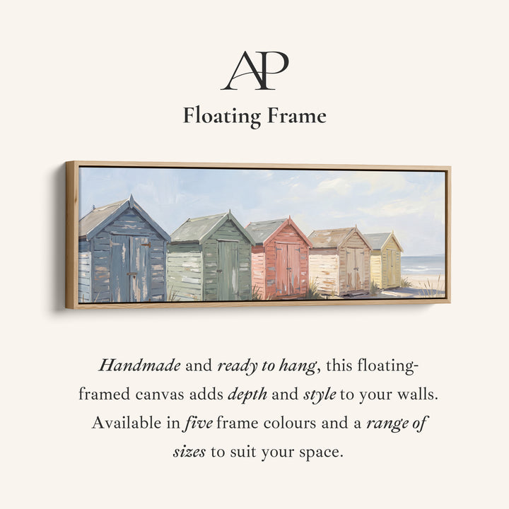 Corner detail of the Above Bed Wall Art Panoramic Pastel Beach Huts by the Sea canvas in a floating frame