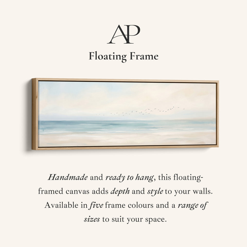 Corner detail of the Panoramic Wall Art Calm Sea and Shoreline with Birds for Bedroom canvas in a floating frame