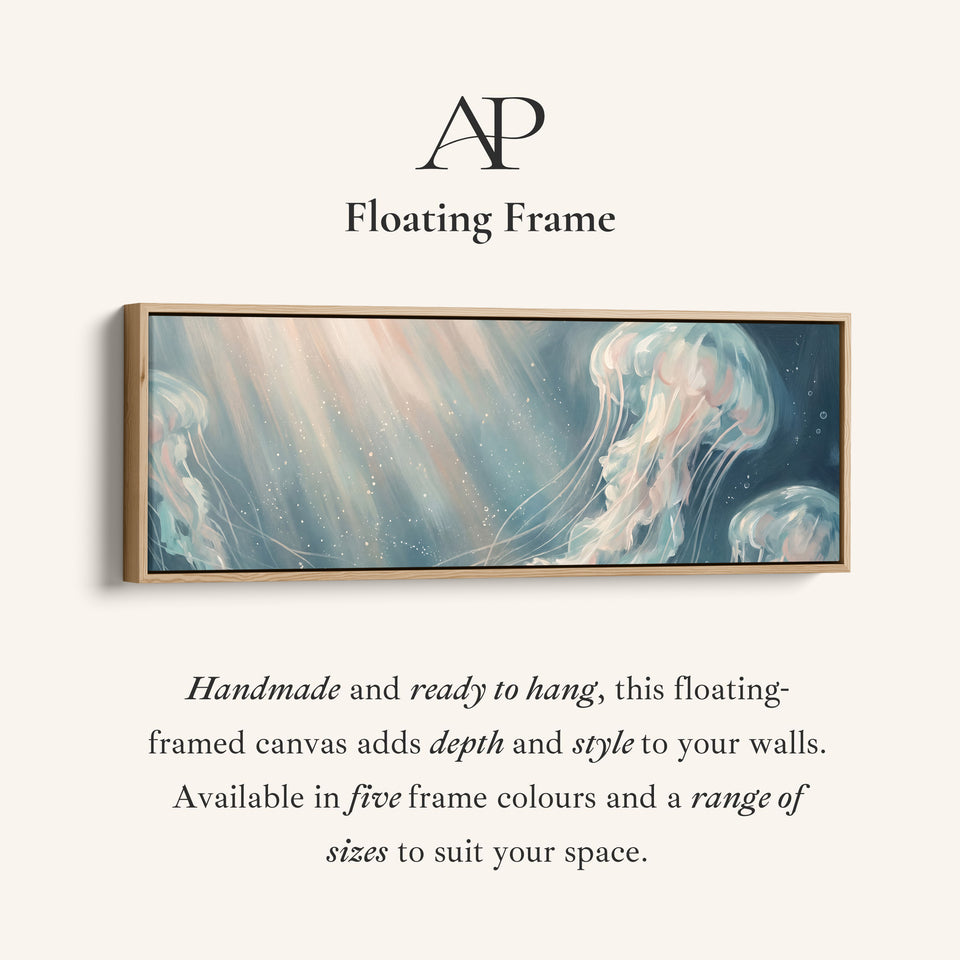 Corner detail of the Drifting Jellyfish Long Narrow Wall Art Large Canvas for Living Room canvas in a floating frame