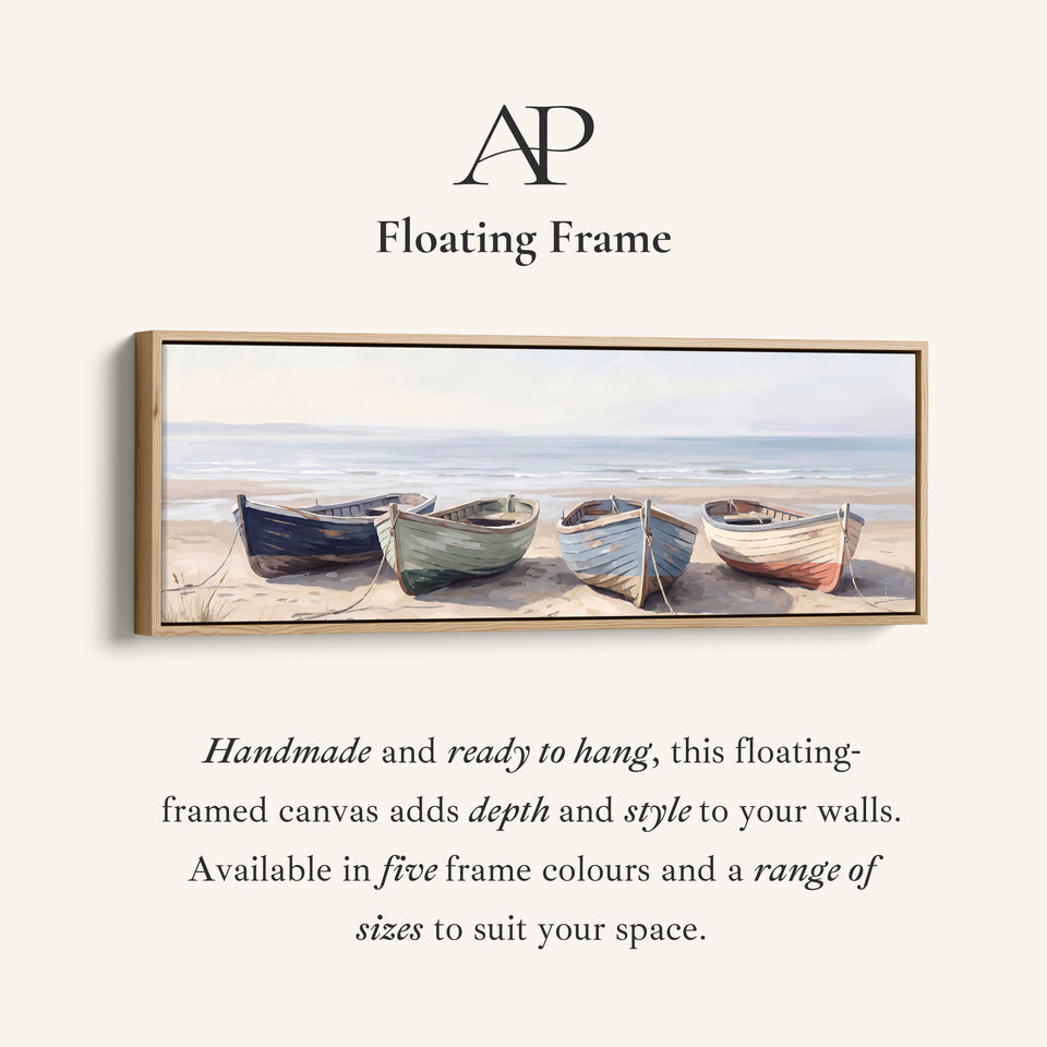 Corner detail of the Quiet Coastal Mood Rowing Boats on the Beach Horizontal Wall Art for Hallway canvas in a floating frame