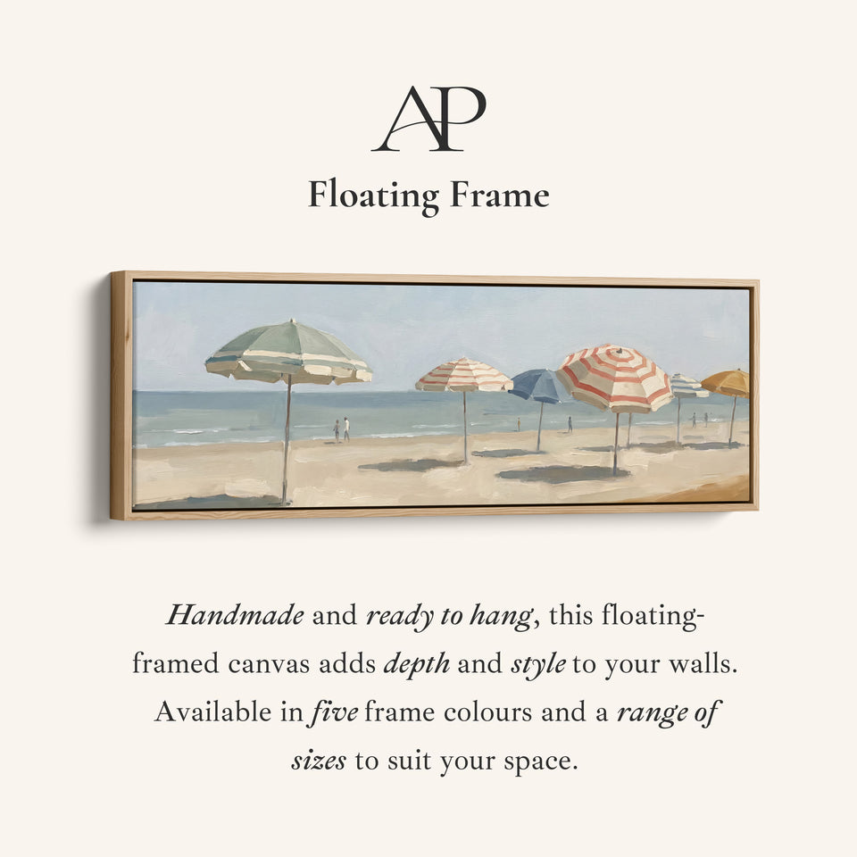 Corner detail of the Living Room Wall Art Long Horizontal Canvas of Beach Umbrellas canvas in a floating frame