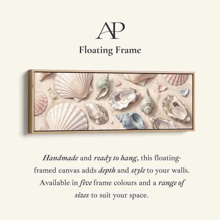 Corner detail of the Long Wall Art Seashells on Sand Neutral Coastal Canvas for Above Bed canvas in a floating frame