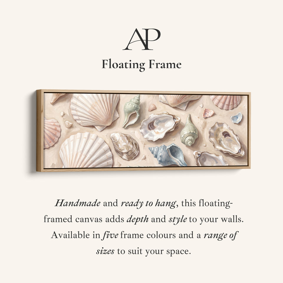 Corner detail of the Long Wall Art Seashells on Sand Neutral Coastal Canvas for Above Bed canvas in a floating frame