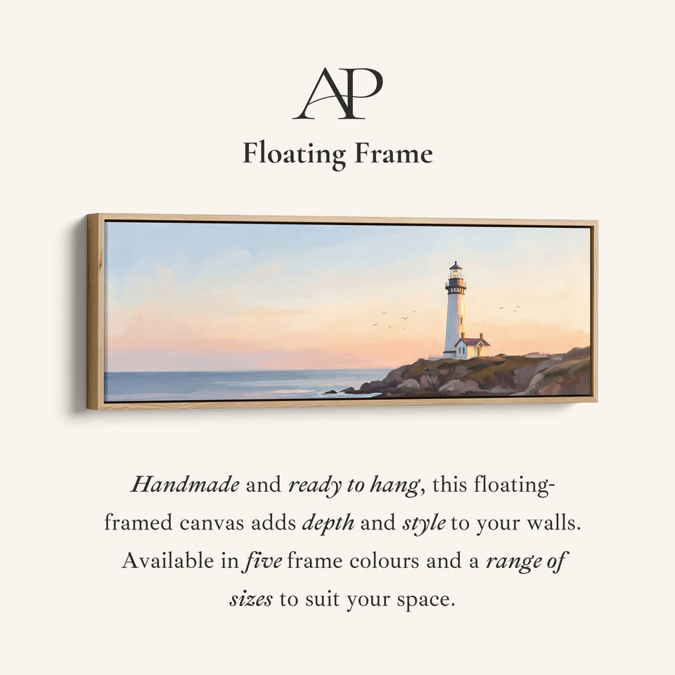 Corner detail of the Lighthouse at Sunset Panoramic Wall Art for Above Couch canvas in a floating frame
