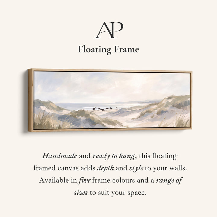 Corner detail of the Soft Neutral Sand Dunes and Shorebirds Long Narrow Wall Art for Bedroom canvas in a floating frame