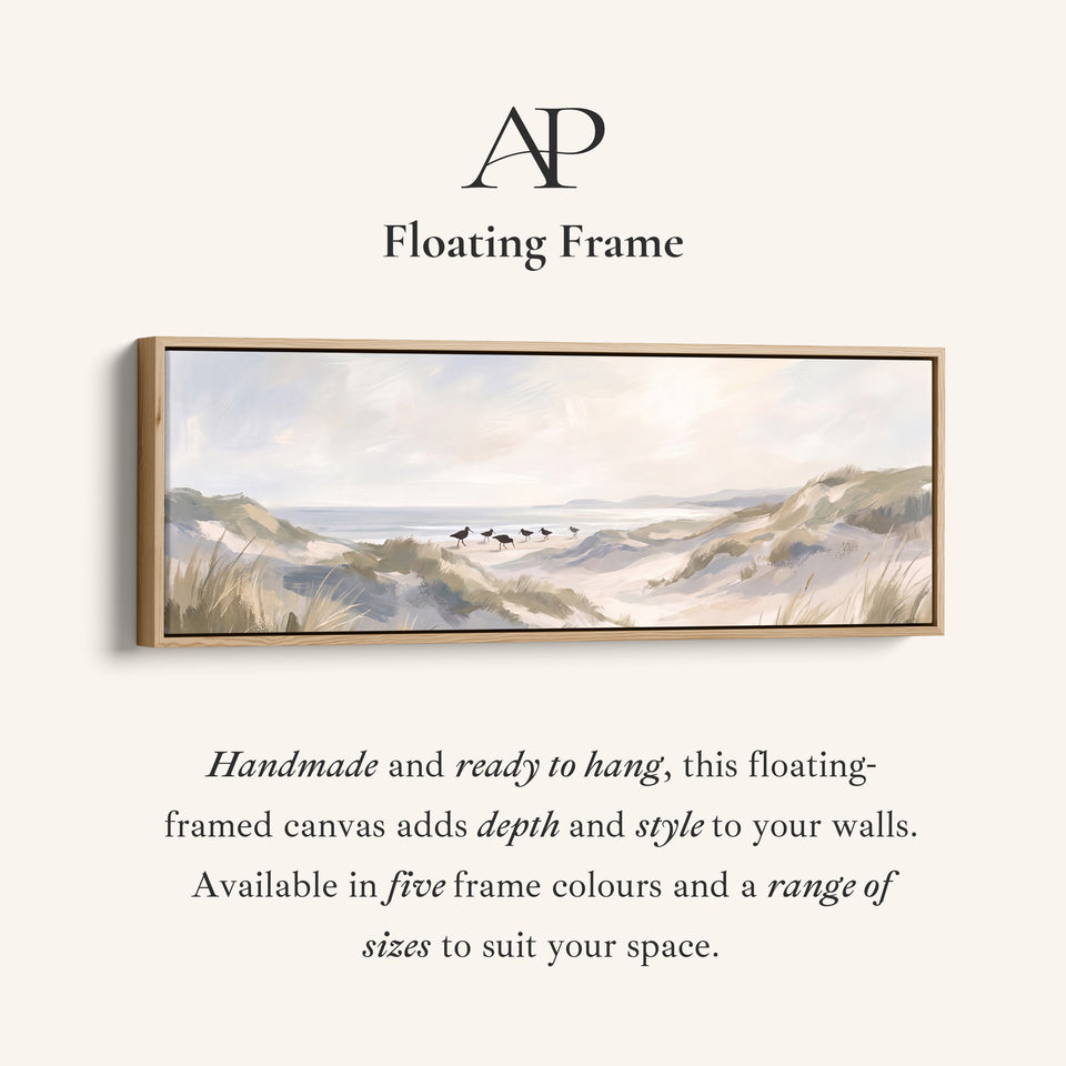Corner detail of the Soft Neutral Sand Dunes and Shorebirds Long Narrow Wall Art for Bedroom canvas in a floating frame